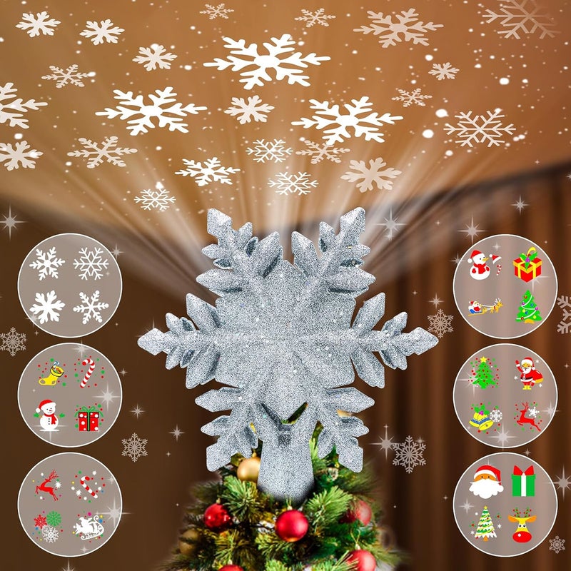 WILUX Christmas Tree Topper Projector Lights with 6 Projection Modes, Snowflake Christmas Tree Topper with Built-in LED Projector, Dynamic Projection for Christmas Party Holiday Decoration - Image 1